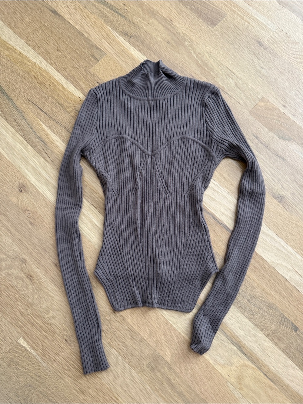 Dress Forum Ribbed Mock Neck Long Sleeve Top - Brown Taupe